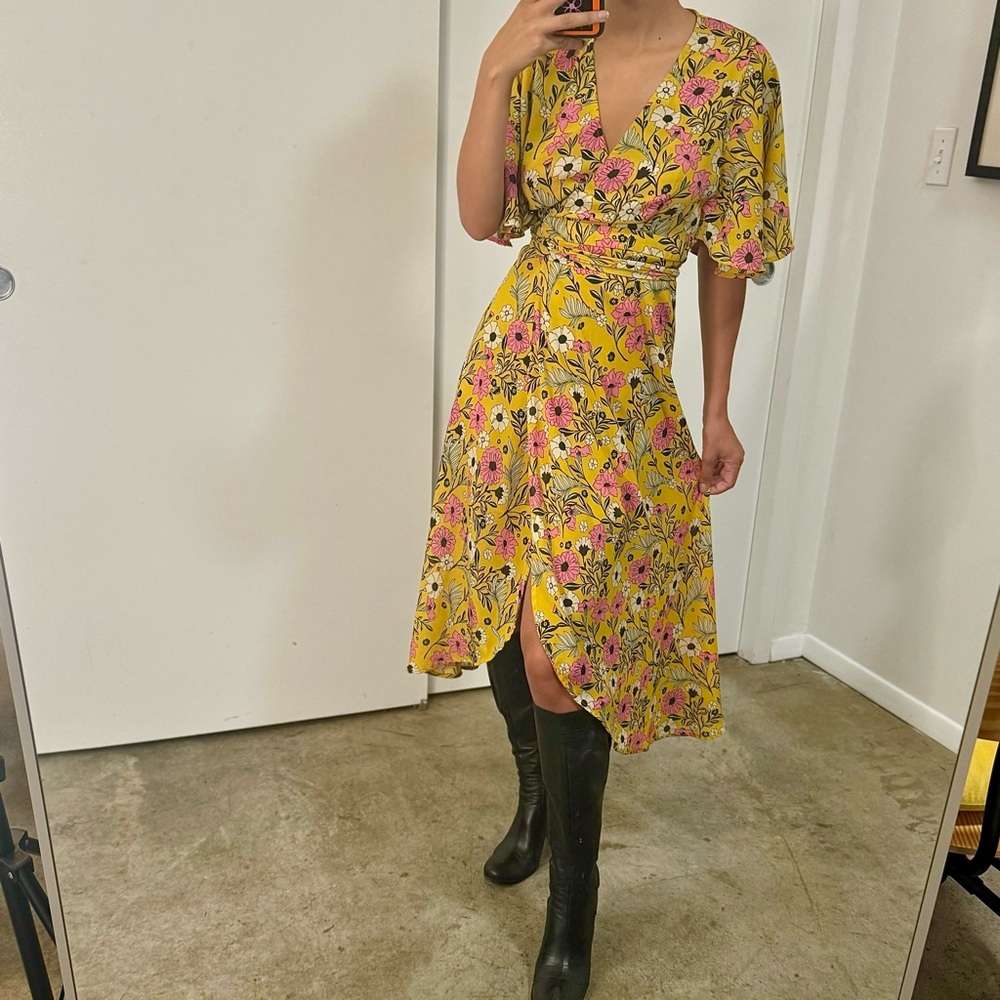 Golden Floral Wrap Dress